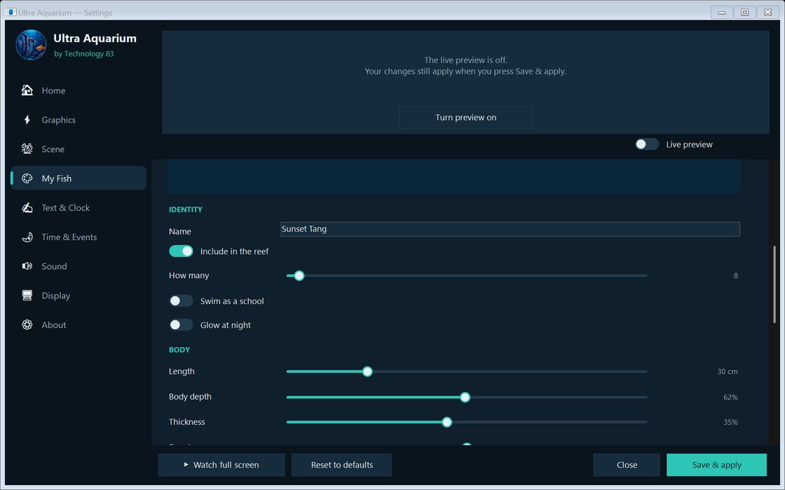 The My Fish page in settings, with sliders for a fish called Sunset Tang