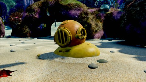 An old diver's helmet half buried in the sand, bubbling