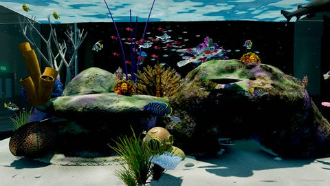 The diver's helmet and a shark in the Glass Tank