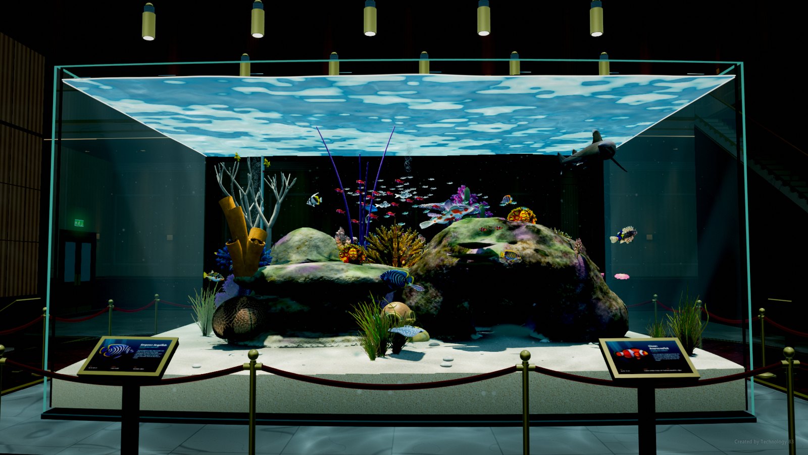 The Glass Tank: a wide aquarium full of coral and fish, standing in a dim hall behind red velvet ropes and two species plaques