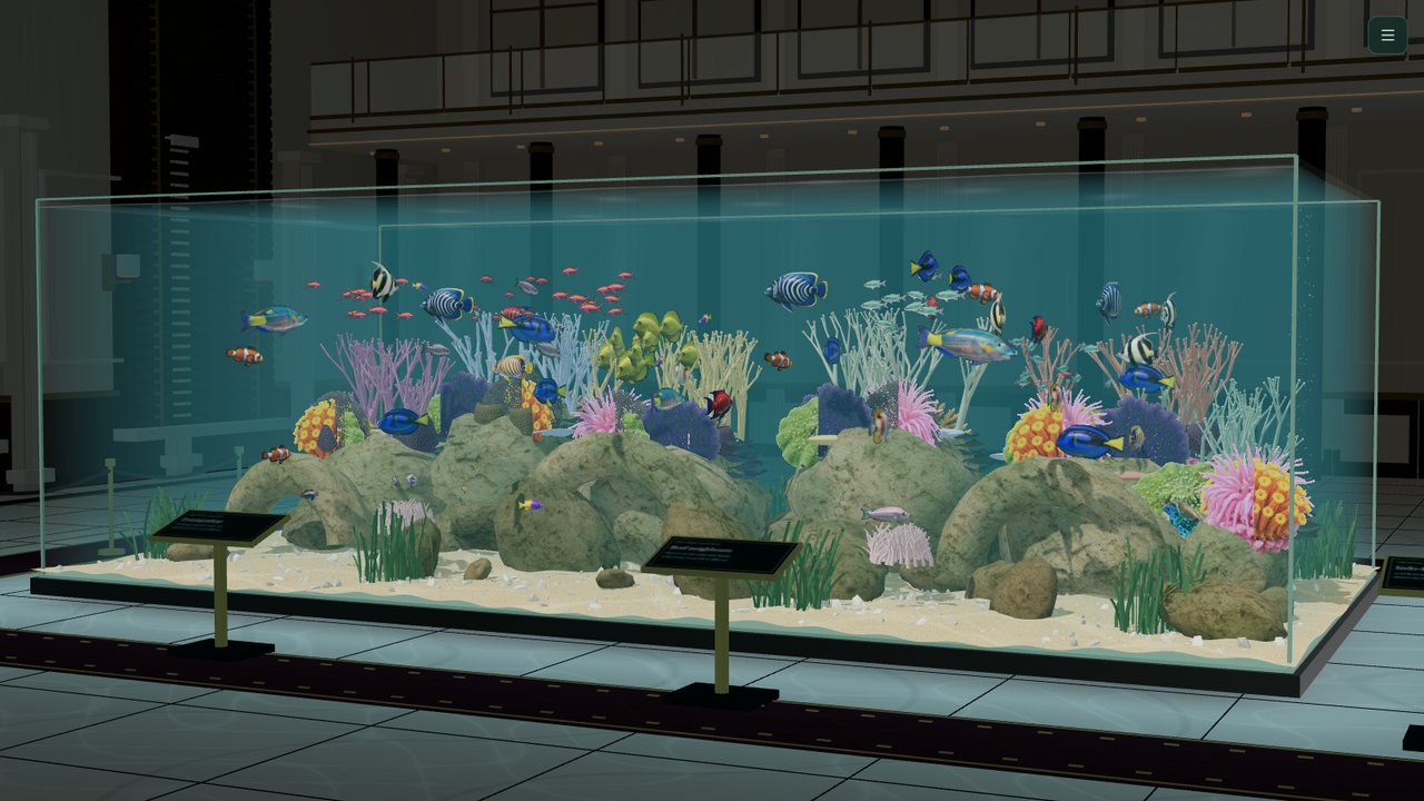 The web version of Ultra Aquarium: a long glass tank of fish and coral in a hall, running in a browser